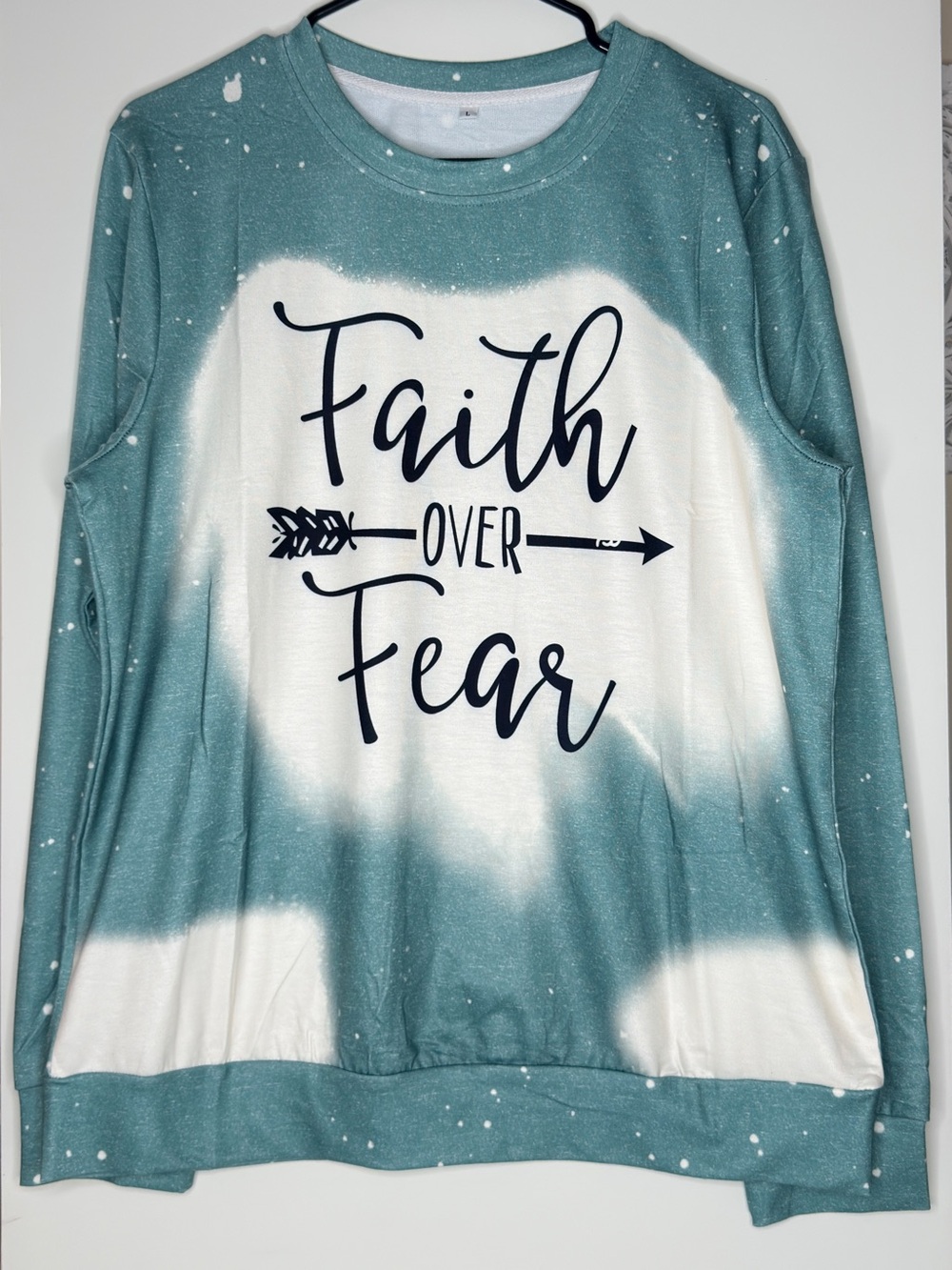 Faith Over Fear Tie-Dye Long Sleeve Top - Teal & White- Size Large